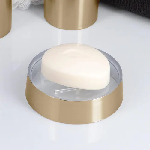 Vista 4 de Bandeja dispensadora de taza de jabón de oro cepillado dorado Draining soap bar holder, for bath and kitchen sink, countertop, modern decor, Gold