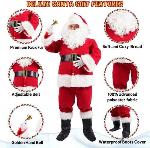 Vista 5 de Disfraz de Papá Noel para hombre, traje de Papá Noel para adultos, 11 piezas, profesional, talla grande, traje de Navidad para fiestas de Navidad
