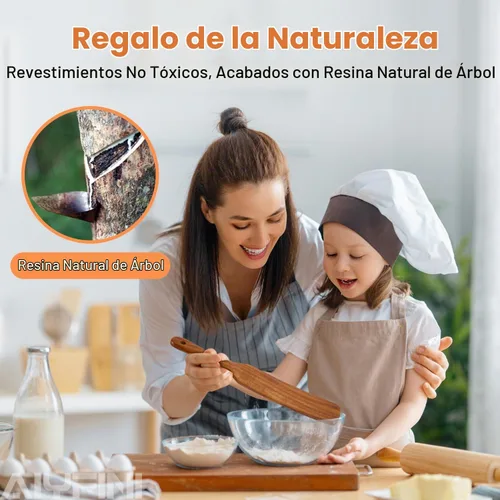 Vista 4 de Utensilios de madera no tóxicos para cocinar - Acacia natural y sin pegamento, juego de espátulas grandes de 15.4" con mango largo resistente al
