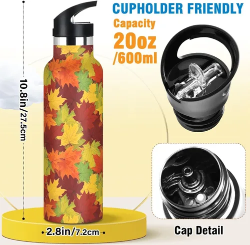 Vista 2 de Kids Water Bottle for School, Water Bottle Stainless Steel for Travel or School 20 Oz, BPA-Free, Autumn Leaves Orange Red