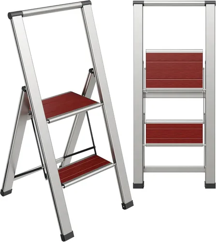 Vista 20 de Escalera de Peldaños de 1 Escalón Plegable, Decorativa - Hermosa Madera Gris y Aluminio Negro, Perfil Ultra Delgado, Peldaños Antideslizantes
