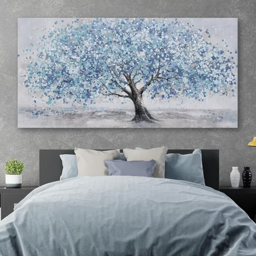 Vista 4 de Arte de pared de árbol de la vida, cuadro de árbol azul, decoración de pared, obra de arte enmarcada, lienzo abstracto, pintura de la naturaleza