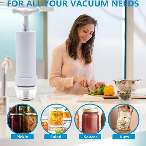 Vista 2 de Sellador al vacío para tarros Mason y manguera de accesorios compatible con sellador al vacío FoodSaver, bomba de mano portátil para frascos de boca