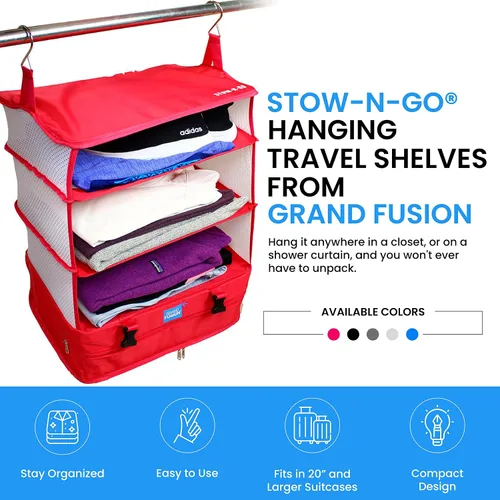 Vista 5 de Stow-N-Go Estantes de viaje colgantes portátiles, organizador de equipaje para equipaje. Armario de mano con colgador para ropa. Cubo de embalaje
