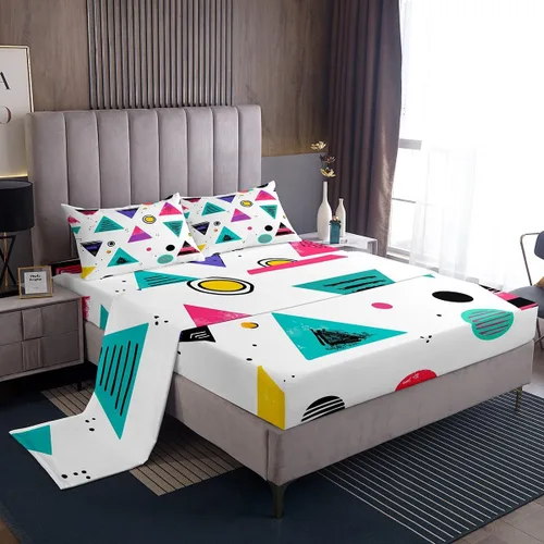 Vista 22 de Erosebridal Juego de sábanas de estilo retro de los años 80, tamaño individual, diseño geométrico abstracto, diseño moderno urbano con círculos