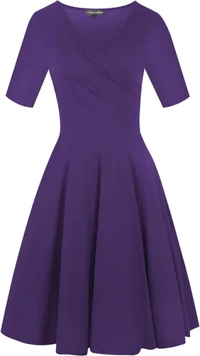 Vista 3 de oxiuly OX233 - Vestido informal, cruzado, con cuello en V, estampado floral, acampanado, por debajo de la rodilla y de verano para mujer