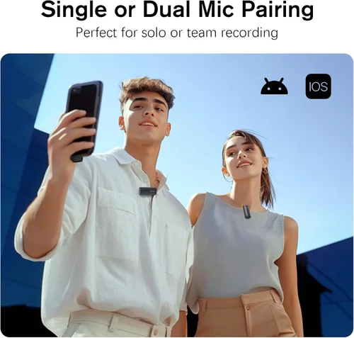 Vista 2 de Rythflo Micrófono Lavalier inalámbrico para iPhone/Android/iPad (2 TX + 2 RX + estuche de carga), mini micrófono con reducción de ruido, batería