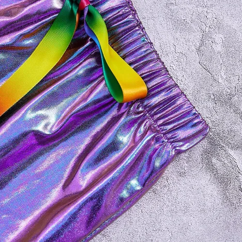 Vista 4 de Pantalones cortos metálicos de piel sintética para niñas pequeñas, pantalones cortos de Halloween con lazos para el pelo de murciélago