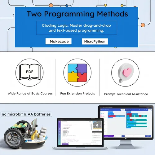 Vista 4 de Coche inteligente Micro:bit con tutorial detallado de programación gráfica y microPython de MakeCode, seguimiento de línea IR y módulos de luz RGB