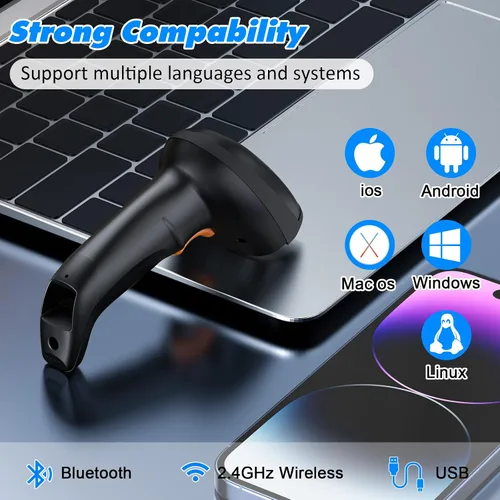 Vista 4 de Escáner de código de barras inalámbrico Bluetooth con funda, funda de lector de código de barras de longitud ajustable, batería recargable de 1800