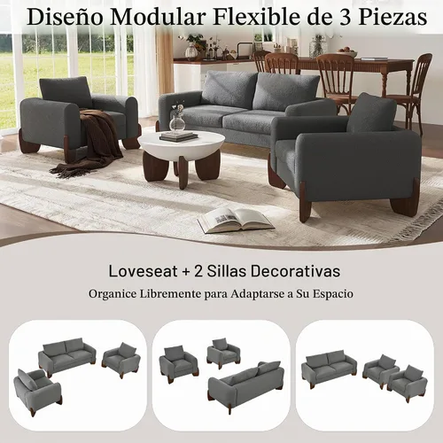Vista 5 de Moderno juego de sofá de 3 piezas, 1 sofá biplaza y 2 sillones, juego de muebles modulares de sala de estar, tapicería Boucle, marco de sofá