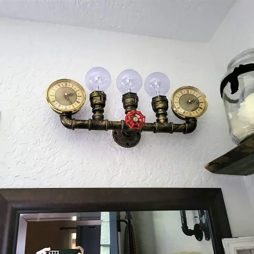 Vista 4 de Aplique de pared de tubo de agua de 3 luces, lámpara de pared Steampunk industrial retro en bronce antiguo
