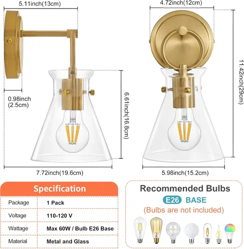 Vista 4 de Aplique de Pared Dorado de 1 Luz Cableado Montaje en Pared Estilo Moderno Rústico Accesorios de Luz de Tocador con Pantalla de Vidrio Transparente