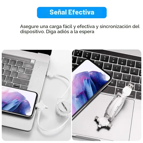 Vista 5 de Cable de carga múltiple retráctil 3 en 1, paquete de 2 cables de carga rápida retráctil, cable de sincronización de datos con puertos iPhone/tipo