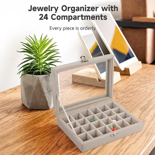 Vista 5 de Tideme Organizador de joyería 24 compartimentos, organizador de almacenamiento para aretes, aretes y tachuelas, organizador de joyería de terciopelo