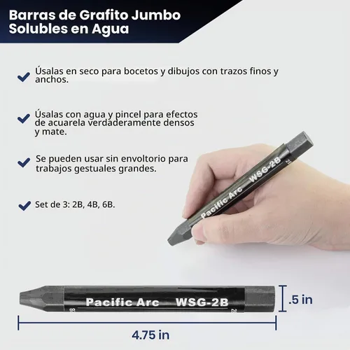 Vista 3 de Pacific Arc Juego de 3 palitos de grafito solubles en agua jumbo, suaves 2B, 4B, 6B