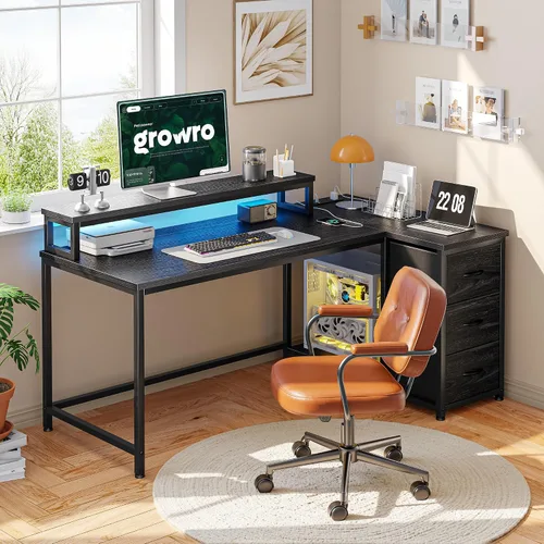 Vista 7 de EnHomee Escritorio para juegos en forma de L con luces LED y toma de corriente, escritorio de computadora de 40 pulgadas con cajones, escritorio