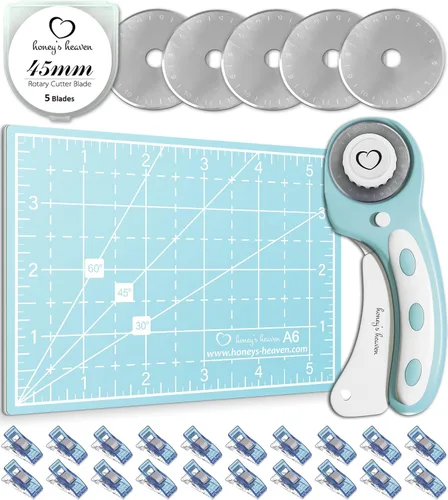 Vista 13 de Juego de cortador giratorio - Kit de acolchado incl. Cortador de tela de 45 mm, 5 cuchillas de repuesto - Ideal para manualidades, costura, parcheo