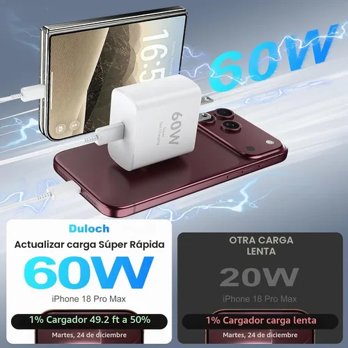 Vista 2 de Cargador para iPhone 18 Pro Max de carga rápida, 60 W iPhone Duo USB C Blanco