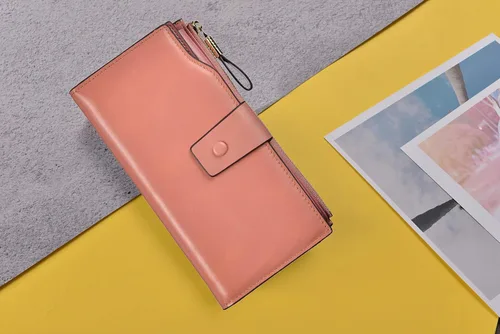 Vista 7 de woogwin Cartera de embrague de cuero genuino de lujo de gran capacidad RFID para mujer, Cera rosa
