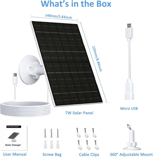 Vista 2 de Zivif Panel solar de 7 W para cámaras de seguridad, cargador solar USB C de 5 V y micro USB, fuente de alimentación impermeable IP66
