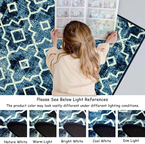 Vista 6 de Moynesa Alfombra marroquí lavable de 2 x 3 pulgadas, pequeña, azul, para cocina, baño, suave, antideslizante, de pelo bajo, moderna, geométrica