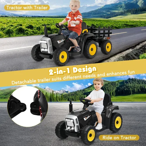 Vista 2 de DORTALA Tractor de paseo para niños con remolque (negro)