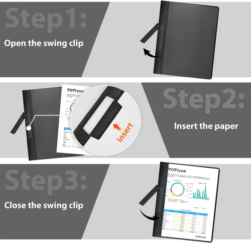 Vista 7 de TOTiyea Paquete de 10 portadas transparentes para informes con clip de columpio, capacidad de 30 hojas, carpeta de archivos con clip oscilante