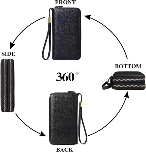 Vista 4 de SENDEFN Cartera grande de cuero con bloqueo RFID y cremallera alrededor para mujer, tarjetero de crédito con bolsillo con cremallera, Doble
