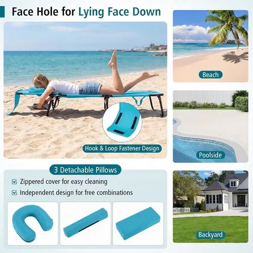 Vista 5 de GYMAX Silla de bronceado, silla de playa de 350 libras con agujero para la cara, almohada lavable y correa de transporte, tumbona plegable Ártico