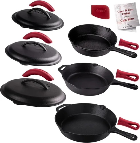 Vista 10 de Cuisinel Sartén de hierro fundido con tapa, juego de sartén cubierta pre-sazonada de 8 pulgadas + mango de silicona y soportes de tapa +