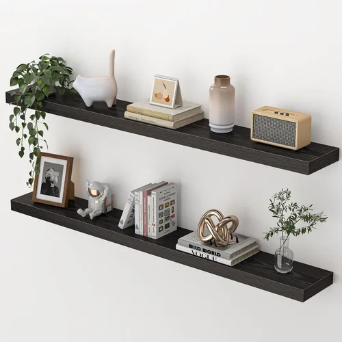 Vista 9 de Heimlove Estantes flotantes para pared, estante de 16 pulgadas para baño pequeño, almacenamiento montado y exhibición, estantes de madera para Negro
