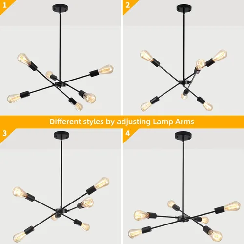 Vista 6 de Candelabros Sputnik - Moderna lámpara de techo Sputnik de 6 luces para sala de estar - Lámpara Sputnik industrial negra para comedor, dormitorio