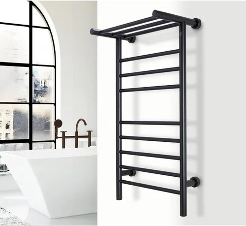 Vista 12 de WarmlyYours Calentadores de toallas negros para baño, toallero térmico negro montado en la pared con estante, 11 barras de acero inoxidable, 20 x 36