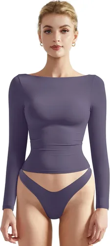 Vista 23 de SUUKSESS Camiseta de mujer con cuello redondo, manga larga, doblemente forrada, ajustada y corta Negro