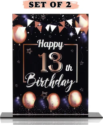 Vista 235 de LINGTEER Decoraciones de feliz cumpleaños número 11, 2 piezas de soporte de acrílico con impresión de pie rosa y azul, tablero de telón de fondo