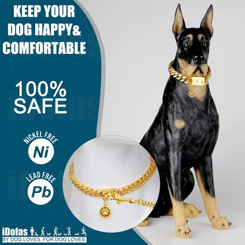 Vista 5 de Collar de cadena para perro, collar de perro de eslabones cubanos de oro de 0.551 in con hebilla a presión, collares de acero inoxidable chapado