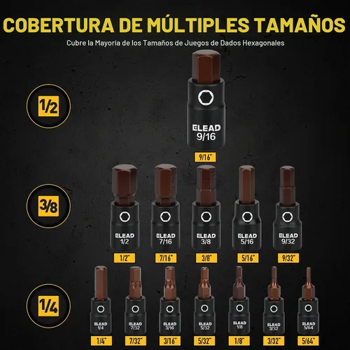 Vista 2 de Juego de 16 piezas de enchufe de impacto de broca hexagonal SAE - Juego de enchufe Allen de acero S2 premium de 5/64"-9/16" con adaptadores de Sae