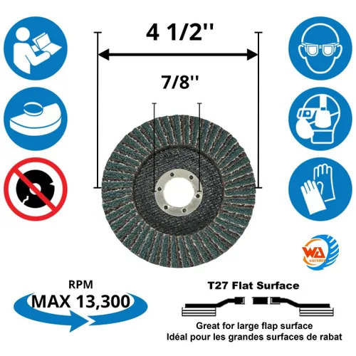 Vista 2 de WA Paquete de 10 - 4 1/2 "x 7/8" pulgadas 36# Grado industrial Heavy Duty Premium Zirconia/Alúmina Jumbo Flap Disco Lijado Rueda para amoladora