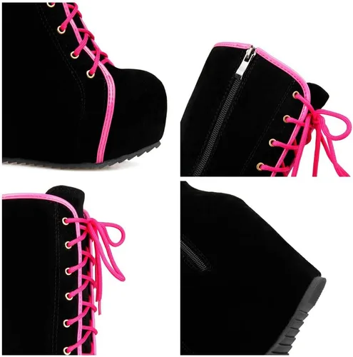 Vista 13 de Parisuit Botas góticas altas hasta la rodilla con hebilla de plataforma para mujer, tacón alto grueso, con cordones, botas de combate punk, con Negro