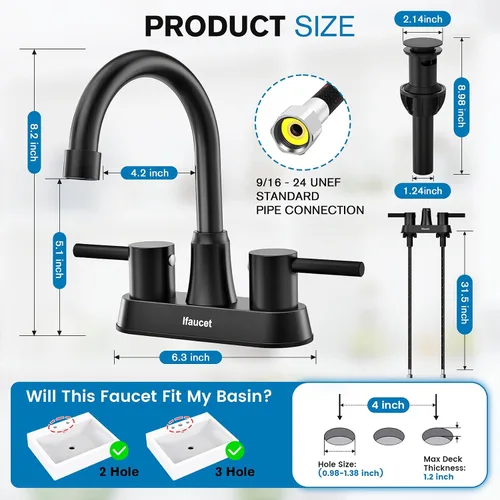 Vista 2 de Grifo de baño negro de 3 agujeros, grifos de baño para fregadero de 3 agujeros, grifo de lavabo de baño, juego central de 4 pulgadas y 2 asas, sin