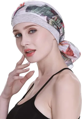 Vista 4 de Elegante gorro de quimioterapia con bufandas sedosas para mujeres con cáncer para pérdida de cabello