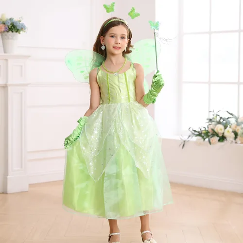 Vista 2 de iTVTi Disfraz de Campanilla para niñas pequeñas, vestido de alas verdes de hada de princesa, fiesta de cumpleaños, Halloween, cosplay