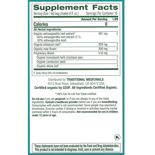 Vista 2 de Traditional Medicinals Orgánico, Stress Ease Calm con Adaptógenos, Ashwagandha y Honeybush - Promueve la Relajación - Kosher, Sin OGM, Sin Cafeína