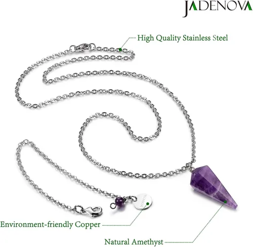 Vista 2 de JADENOVA Collar de Péndulo de Cristal Natural de Amatista Curativo para Mujeres Adivinación Radiestesia (Cristal con 2 cadenas), Gema, amatista