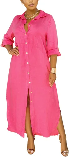 Vista 2 de qfmqkpi Vestido largo de manga 34 enrollada con botones y abertura lateral para mujer