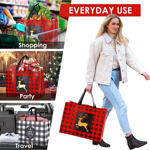 Vista 4 de YANGTE Paquete de 16 bolsas de regalo de Navidad extra grandes, bolsas reutilizables con asa, bolsas de compras de comestibles de Navidad no tejidas