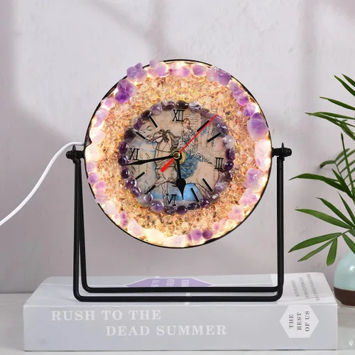 Vista 4 de JIC Gem Reloj de cristal de amatista con lámpara, reloj decorativo de escritorio, piedra de amatista púrpura, puerto USB, luz nocturna, decoración