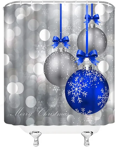 Vista 3 de Cortina de ducha de Feliz Navidad, bola de Navidad azul y plateada, brillante, impresa, feliz año nuevo, fiesta, juego de decoración de baño