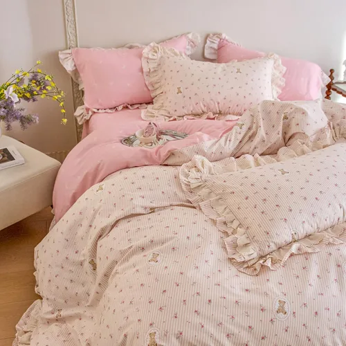 Vista 24 de Juego de funda de edredón con diseño floral, tamaño individual, color rosa y blanco, estampado de flores, estilo jardín, de algodón, estético